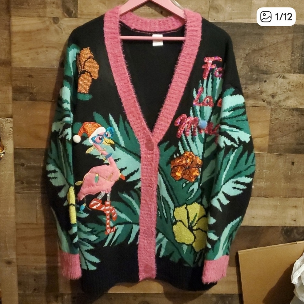 Holiday Time Women XL Ugly Christmas Cardigan Flamingo Tropical “Fa La La Mingo”